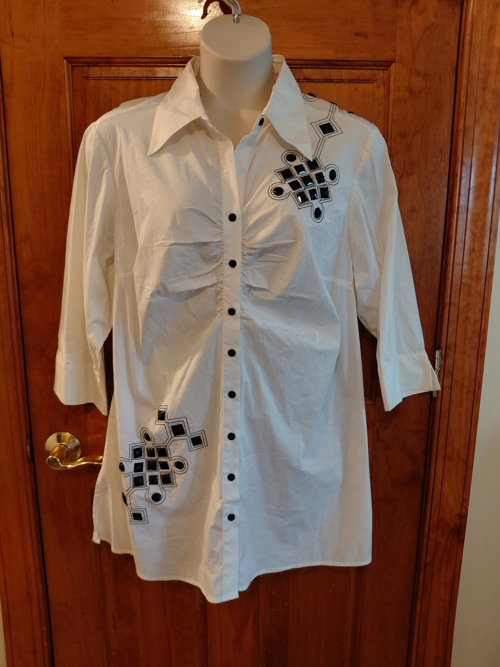Ashley Stewart White Button-Front Shirt with Black Geometric Gems